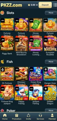PK ZZ GAME mobile game interface showing slot, fish, and poker game options.