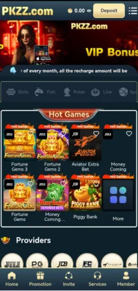 PK ZZ GAME gaming app screen displaying hot games and slot categories.