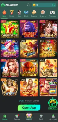 Screenshot of the PAK JACKPOT game interface showing popular slot games and categories.