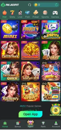 Screenshot of the Pak Jackpot app showing various card and casual games.