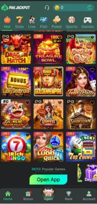 Screenshot of the Pak Jackpot app interface displaying various casino and card games.