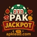 Pak Jackpot game logo with casino elements including poker chips, hearts, spades, and a 777 slot wheel.
