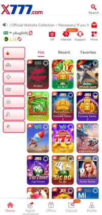 X777 Game mobile interface showing popular casino games