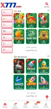 X777.com gaming app screen showing Slot and Blockchain game categories.