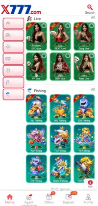 Mobile interface of X777.com gaming app showing live casino and fishing game options.