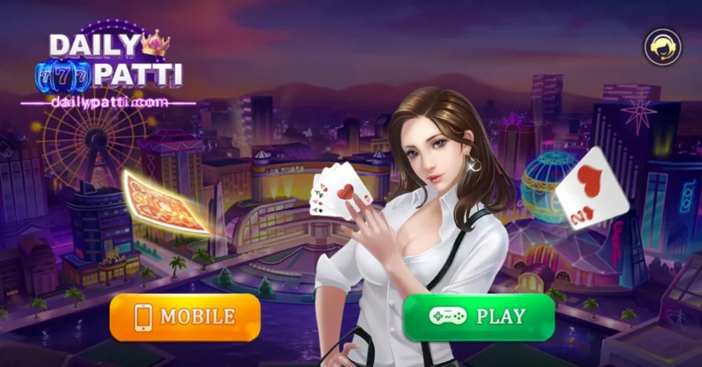 Daily Patti Game interface with animated female character holding cards and gameplay options.