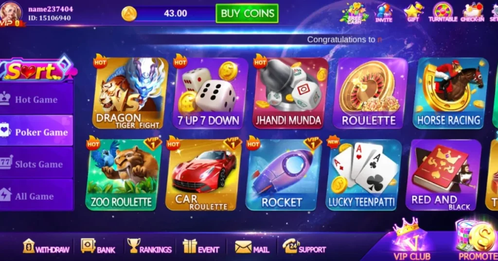 Daily Patti game menu showing various card and casino game options.