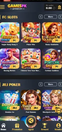 Screenshot of the GAMESPK mobile gaming app interface showing categories of casino games.