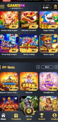 Screenshot of a mobile gaming app interface named "GAMESPK,"