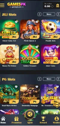 A screenshot of the GamesPK mobile app showing a selection of slot games.