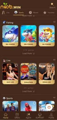 Noob win game app interface showing categories like Fishing, Live, and Sports with game thumbnails."