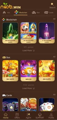 Noob win game screen showing Blockchain, Slot, and Cards game categories with colorful game icons."