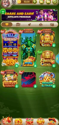 Slot games lobby screen in Pak Super Game app featuring Stellar Jackpot, Power of the Kraken, Fortune Gems, Money Coming, Aviator, and Dragon vs Tiger.