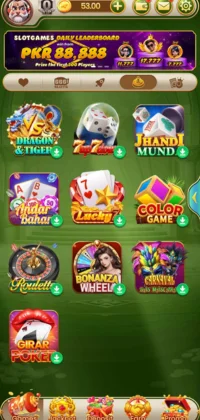 Main game lobby screen of Pak Super Game app showing icons for Dragon Tiger, 777, Jhandi Munda, Andar Bahar, Lucky 7, Color Game, Roulette, Bonanza Wheel, Cricket, and Girar Poker.