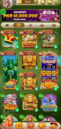 Screenshot of a mobile Pak Super Game interface showing various slot machine games.
