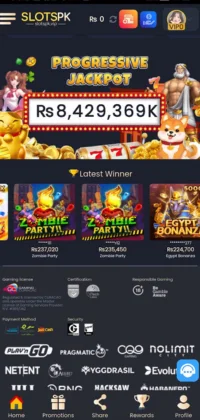 "Slots PK app screen showing progressive jackpot and recent winners"