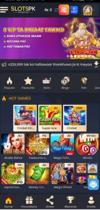 Mobile screen interface of the Slots PK app showcasing casino and slot games