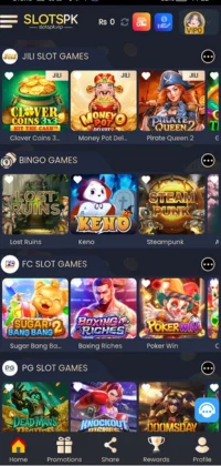 Mobile app interface of Slots PK, displaying various categories of casino games.