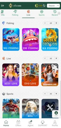 Z7 Game Mobile app interface displaying various online gaming options, including Fishing, Live, and Sports categories.
