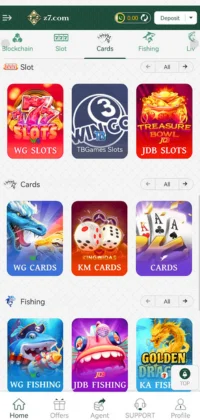 Z7 Game Mobile gaming app interface showing slot, card, and fishing game categories with colorful icons.