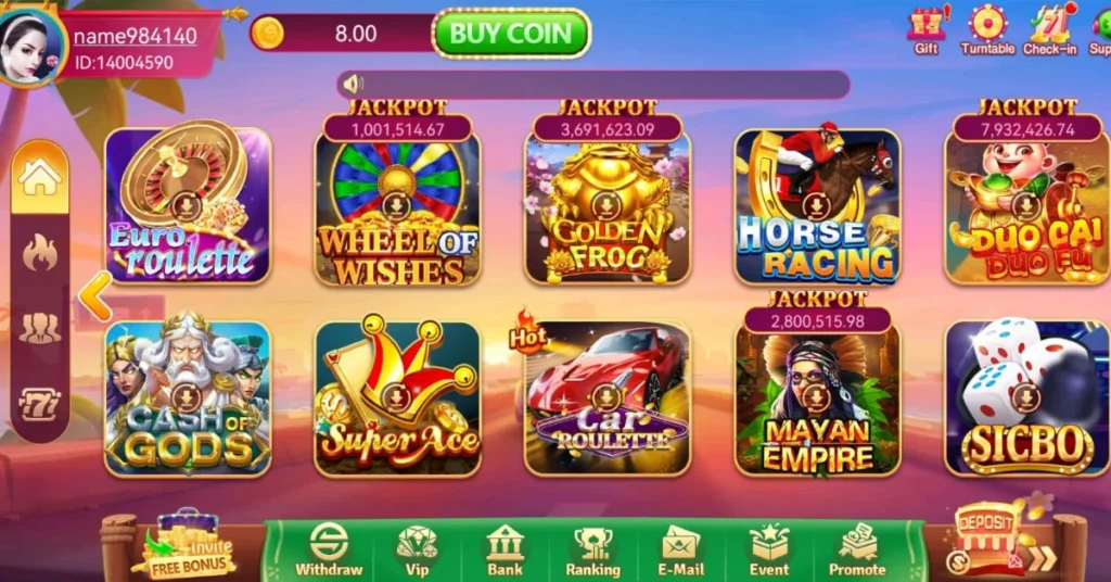 3patti ok Game Mobile game interface showing various casino games like roulette, slots, and dice, with colorful icons and jackpot amounts.