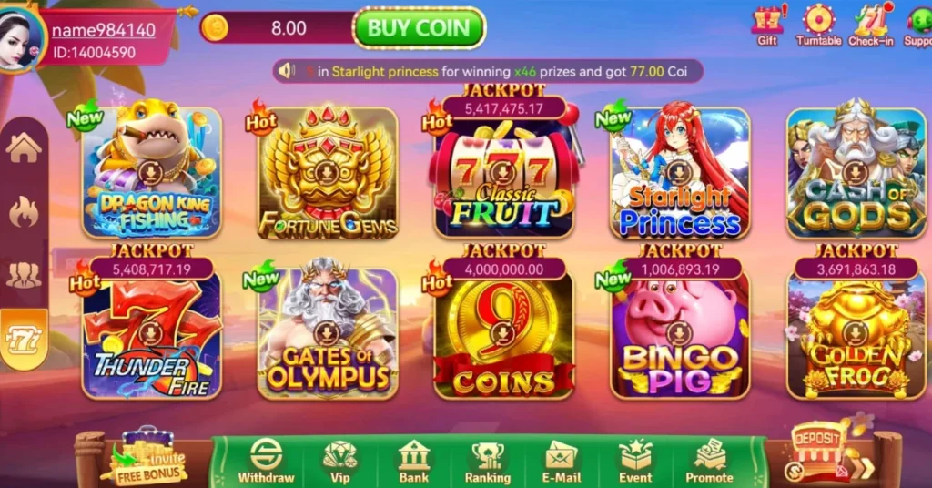 3patti ok Game Mobile casino app interface showing colorful game icons like Dragon King Fishing, Classic Fruit, and Bingo Pig, with jackpot amounts displayed.