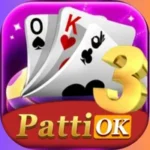 Logo of a card game app showing three playing cards (O, K, and club symbols) with the text "Patti OK" and a golden number 3.