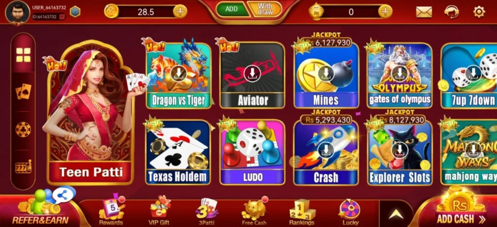 A colorful online A2 Game  interface showing various game icons like Teen Patti, Dragon vs Tiger, Aviator, Texas Holdem, Ludo, and slot games with jackpot amounts displayed.