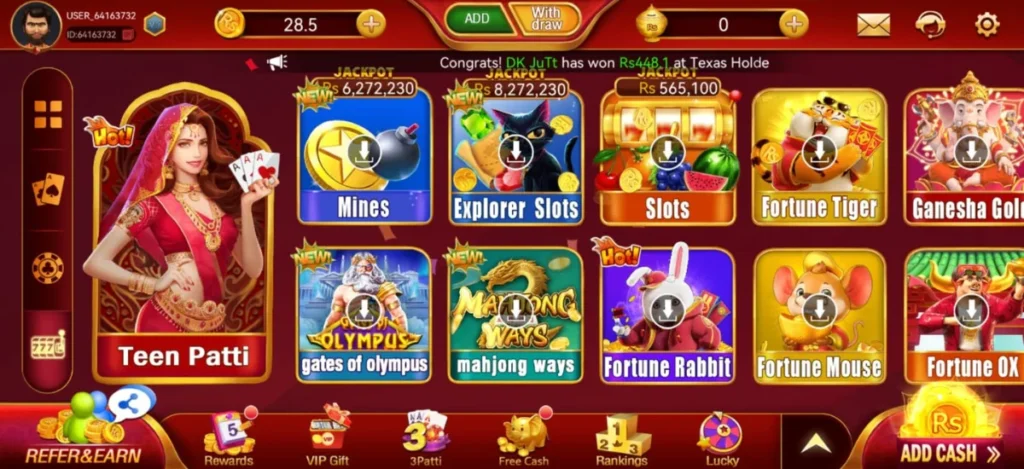 Mobile A2 Game  lobby showing various slot games, jackpot amounts, and popular titles like Teen Patti, Mines, Explorer Slots, Fortune Tiger, and Ganesha Gold.