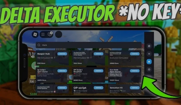 Delta Executor mobile interface showing script hub with no key system