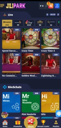 Jili Park Game APK Download Free Earning App For Android And ios 2 Jili Park Game interface showing live casino games and blockchain mini-games.