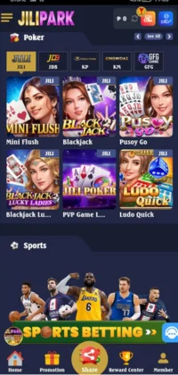 Jili Park Game APK Download Free Earning App For Android And ios 5 JILI Park poker and sports betting game selection screen.
