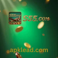 S55 Game logo with falling gold coins on green background.