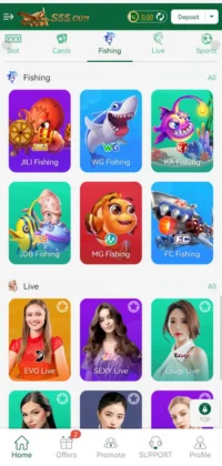 S55 Game APK Download (v2.3.1) Latest Version for Android Free (July 2025) 5 S55 Game Mobile gaming app screen showing Fishing and Live game sections with colorful game icons and host images.