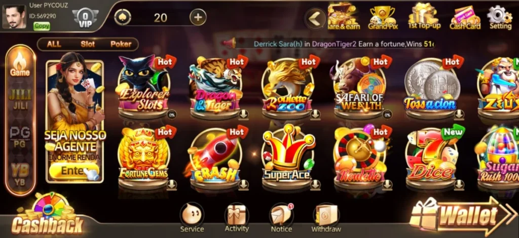 S77 Game APK Download (v11.0.0) Free Latest Version for Android (July 2025) 3 S77 GAME Mobile casino gaming interface showing various colorful slot and poker games with icons and a virtual wallet.