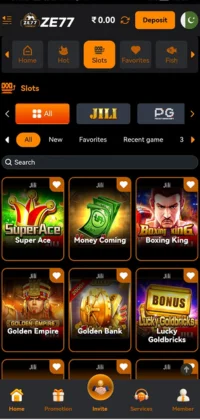 Screenshot of the Zee 77 Game app's "Slots" section