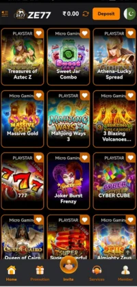 Zee 77 Game  game lobby showing various titles from PlayStar and Micro Gaming
