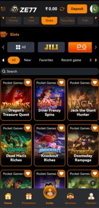 Zee 77 Game  slots section showing popular Pocket Games and navigation menu