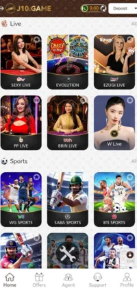 J10 Game APK Download for Android/iOS – Best Casino App for Real Rewards 3 J10 Game app screenshot showing live casino and sports betting game options.