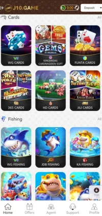 J10 Game APK Download for Android/iOS – Best Casino App for Real Rewards 2 Screenshot of J10 Game app showing card and fishing game categories.