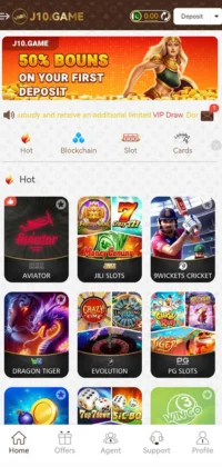 J10 Game APK Download for Android/iOS – Best Casino App for Real Rewards 4 J10.Game mobile app interface showing featured games and promotional offer.