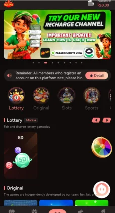 92Star Game APK Free Ultimate Gaming & Earning Platform of 2025 2 92Star Game app interface showing lottery, original games, slots, and sports categories with recharge banner on top