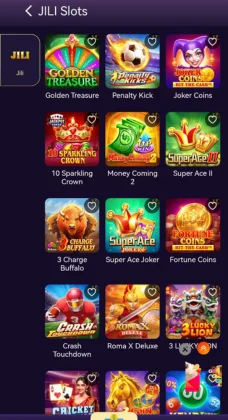 HAHA777 GAME JILI Slots section showing 15 colorful slot games including Golden Treasure, Penalty Kick, Joker Coins, and Super Ace II.