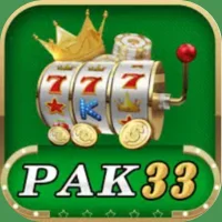 PAK 33 game logo with a slot machine showing triple 7s, gold coins, and a crown on a green background.
