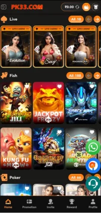 PK 33 Game APK Download The Ultimate Real Money Earning App Free 3 PK 33 GAME Mobile gaming app screen showing live casino and fish game options.**