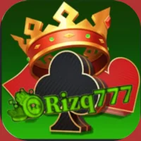 Rizq777 game logo featuring a crown, card suits, and the text “Rizq777” in green.