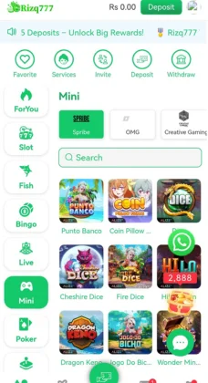 Rizq777 Game APK Download The Ultimate Gaming and Earning Platform You Can Trust 3 Rizq777 Game app interface showing mini-games like Punto Banco, Coin Pillow, Fire Dice, and Dragon Kingdom with deposit options.