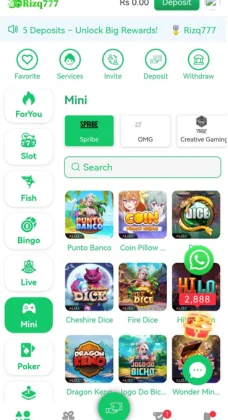 Rizq777 Game APK Download The Ultimate Gaming and Earning Platform You Can Trust 2 Rizq777 game interface showing mini-games like Punto Banco, Coin Pillow, Fire Dice, and Dragon Kingdom.