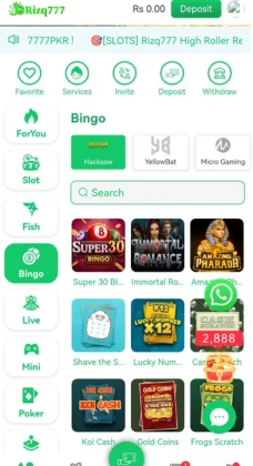 Rizq777 Game APK Download The Ultimate Gaming and Earning Platform You Can Trust 5 Rizq777 Game Mobile gaming app interface showing the Bingo section with various games
