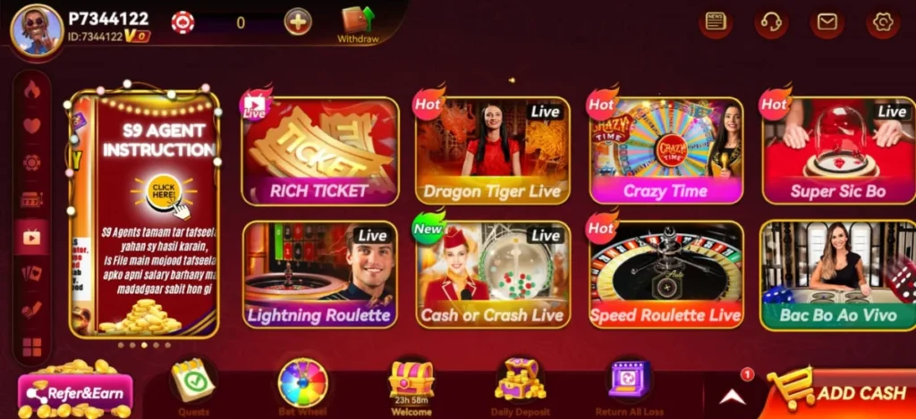 S9 Game 2025 APK Download Pakistan’s Ultimate All-in-One Gaming & Earning App Free 2 S9 Game app home screen showing multiple live casino games including Dragon Tiger Live, Crazy Time, and Speed Roulette Live.